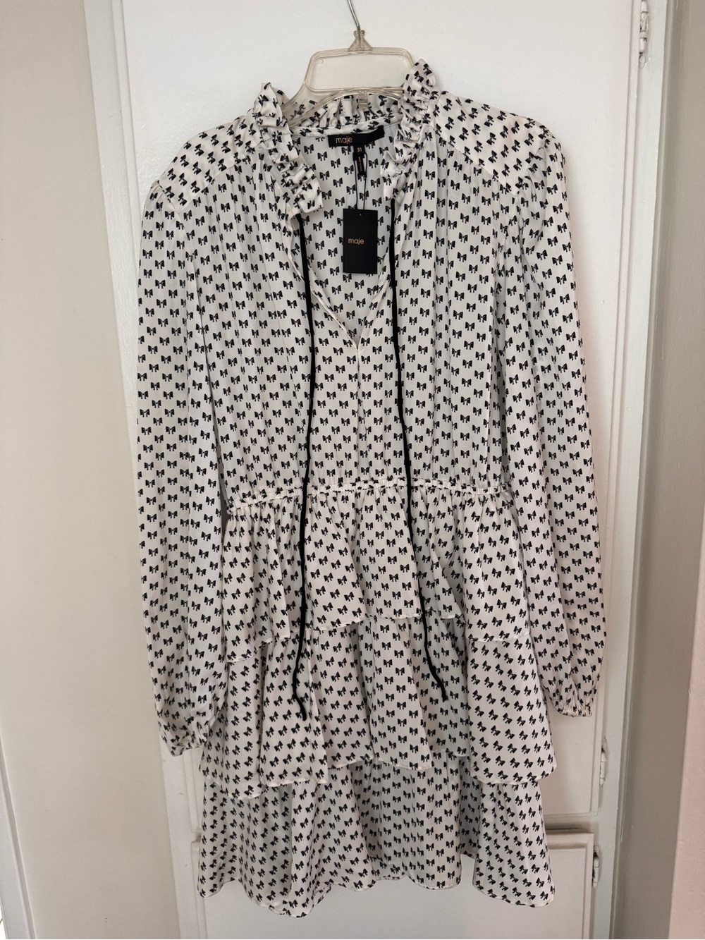 Maje White Dress with Black Micro bows Print and Ruffles- Tie Neck